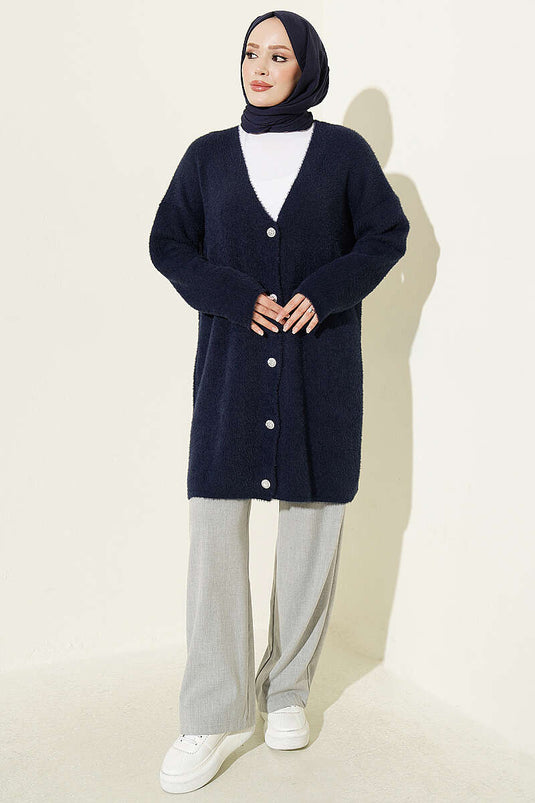 Cardigan Lungo Con Scollo A V E Barba, Blu Navy