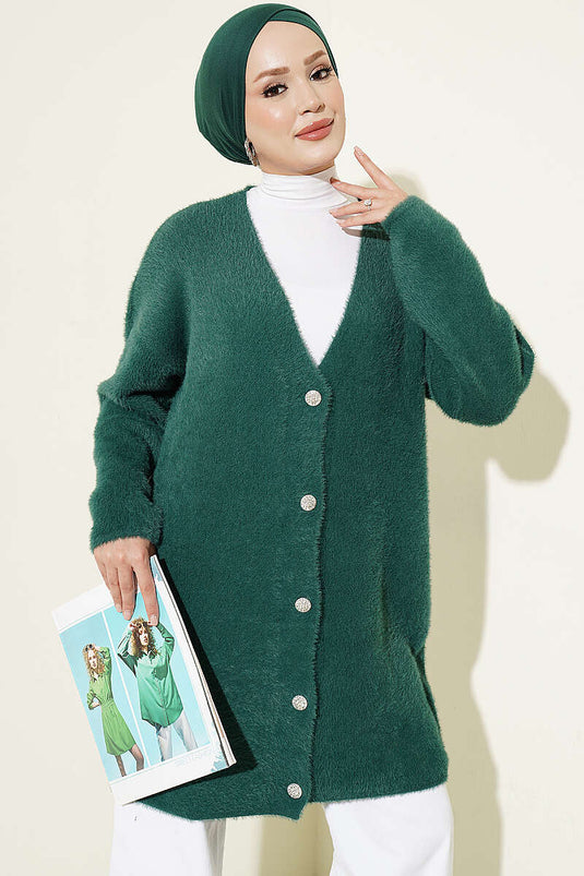 Cardigan Lungo Con Bottoni E Decorazioni Verde