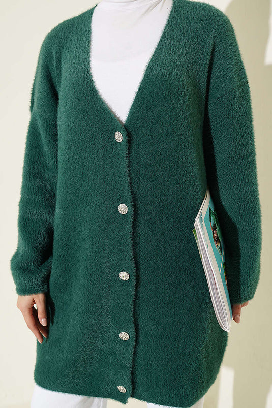 Cardigan Lungo Con Bottoni E Decorazioni Verde