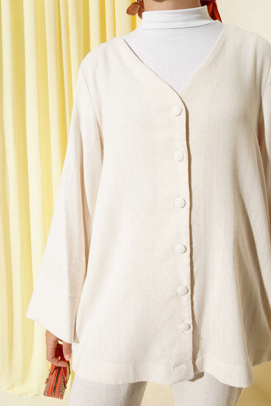 قميص كتان كاجوال بياقة على شكل حرف V، لون بيج