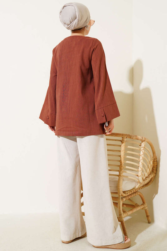 V Yaka Salaş Keten Gömlek Kiremit