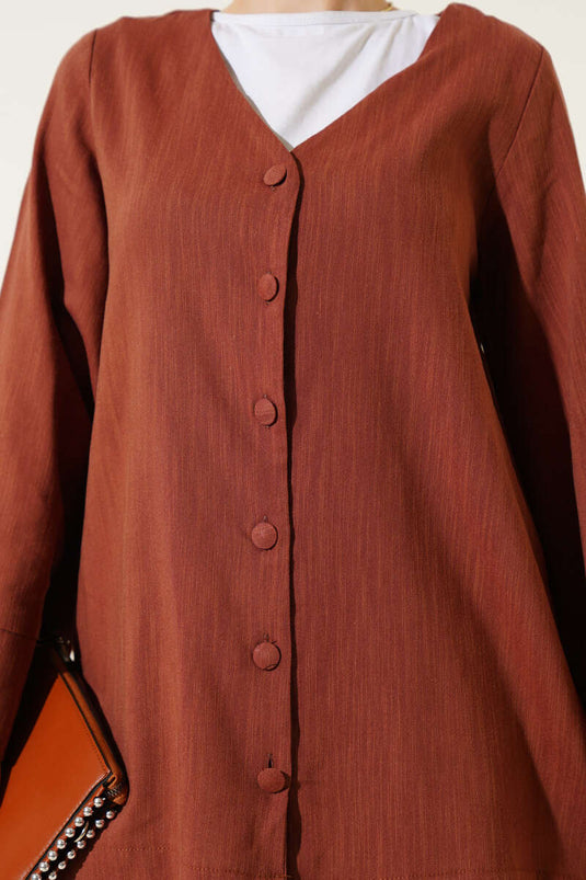 V Yaka Salaş Keten Gömlek Kiremit