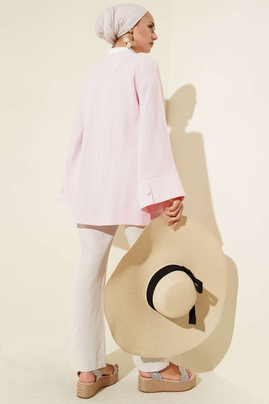 V-Neck Loose Fit Linen Shirt Pink