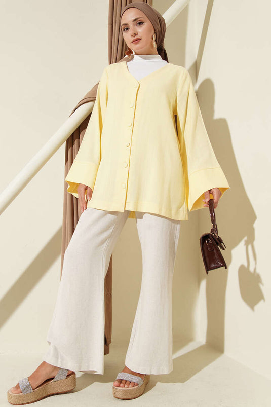 V-Neck Loose Fit Linen Shirt Yellow