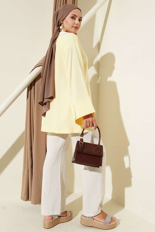 V-Neck Loose Fit Linen Shirt Yellow