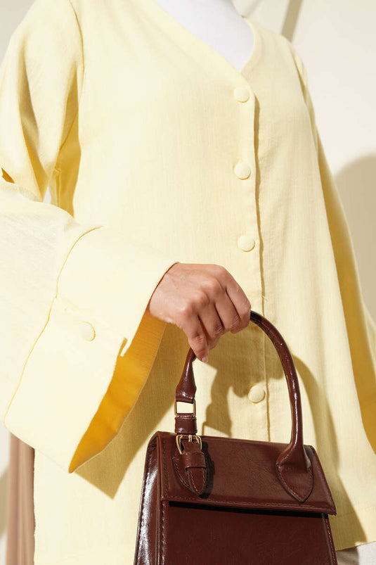 V-Neck Loose Fit Linen Shirt Yellow