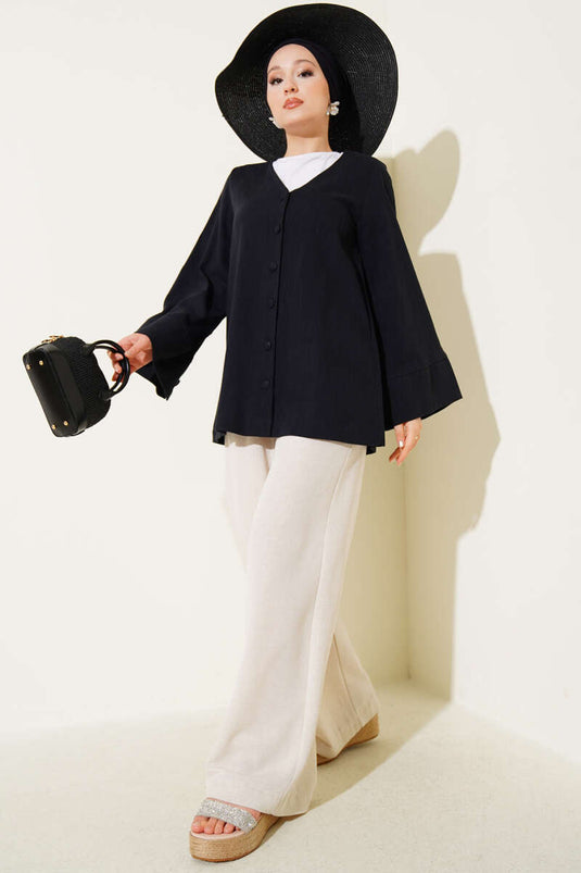 V Yaka Salaş Keten Gömlek Siyah