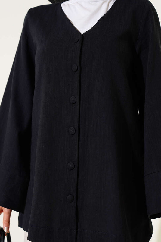 V Yaka Salaş Keten Gömlek Siyah