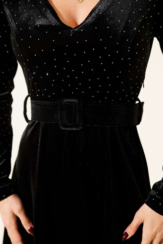 V Yaka Taşlı Mini Kadife Elbise Siyah