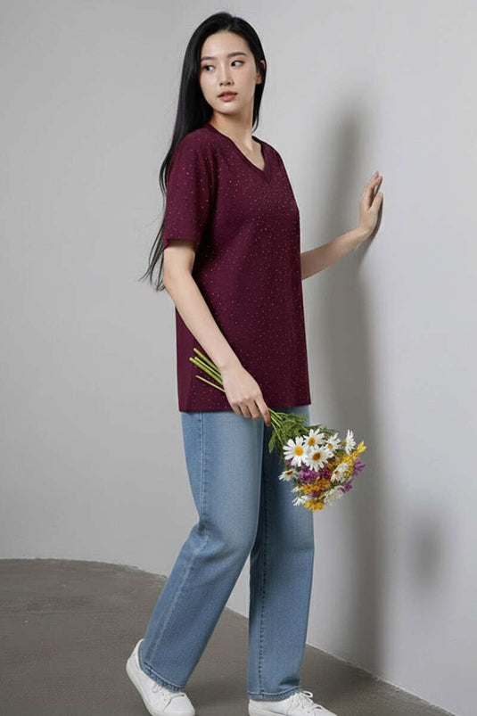 V-neck Stone-Embellished T-shirt Burgundy