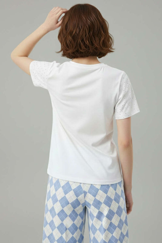 V-neck T-shirt with stones, Ecru