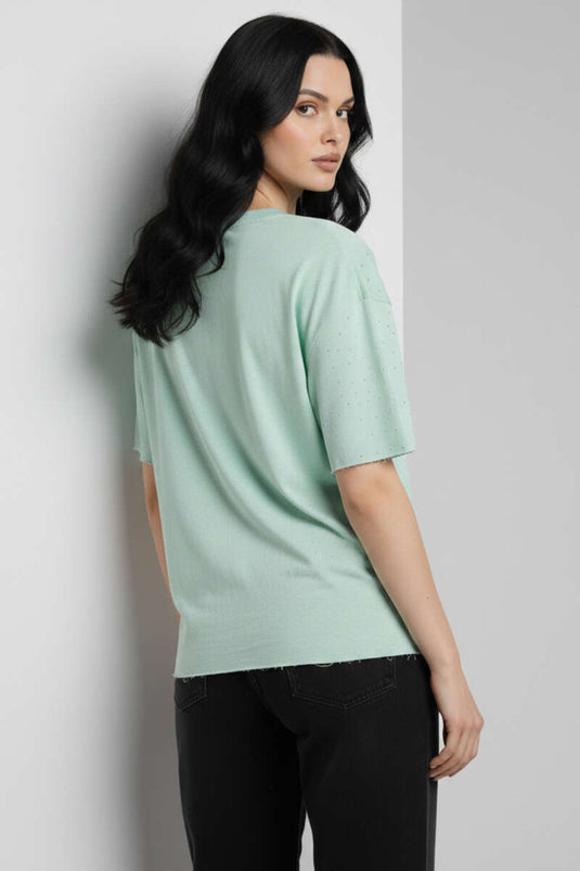 V Yaka Taşlı T-shirt Mint