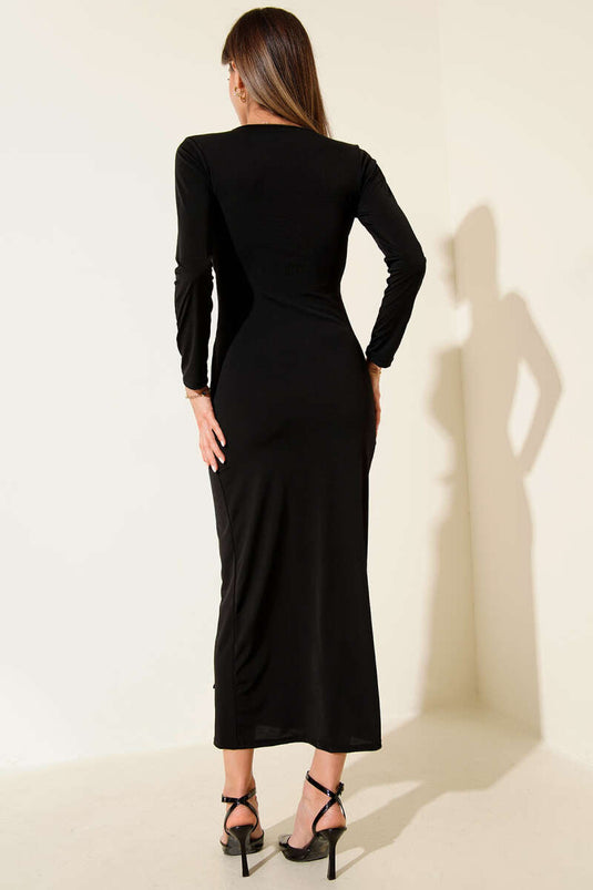 V Yaka Tokalı Midi Elbise Siyah