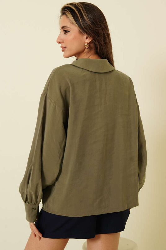 V Yaka Uzun Kol Tensel Bluz Haki