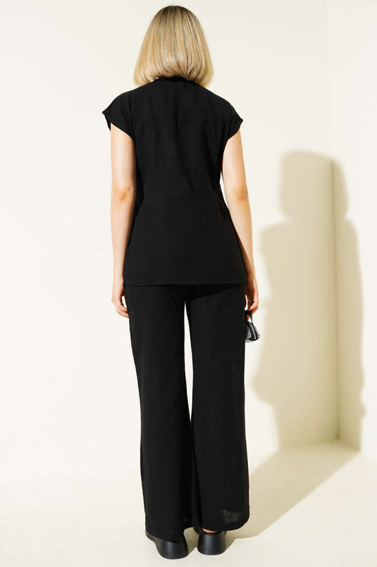 Ensemble deux pièces en lin noir, col en V et liens sur le côté