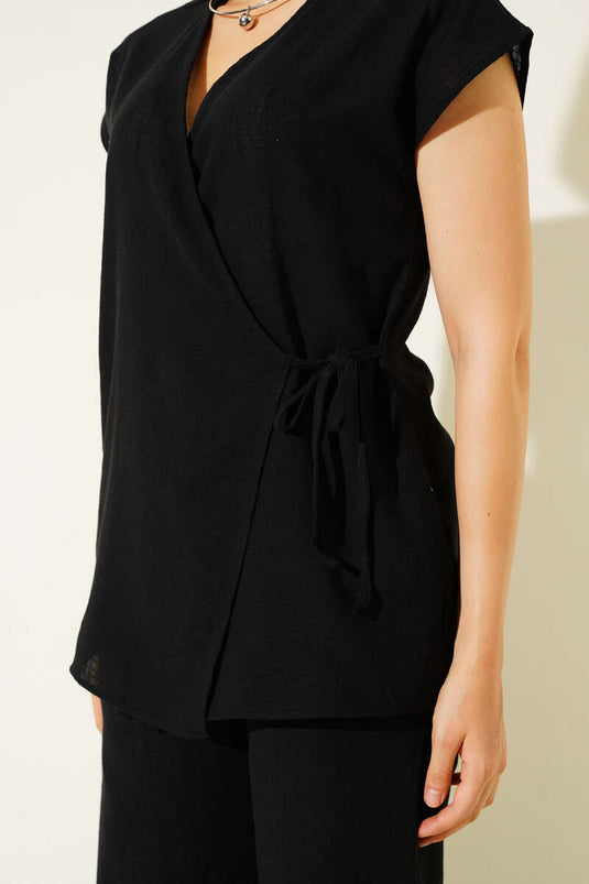 V Yaka Yandan Bağlamalı Keten İkili Takım Siyah