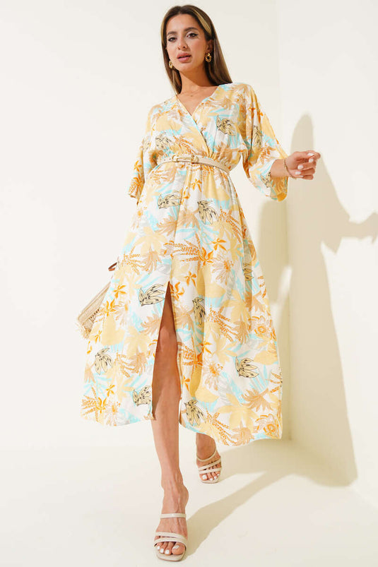 V Yaka Yaprak Desenli Beli Lastikli Elbise Hardal