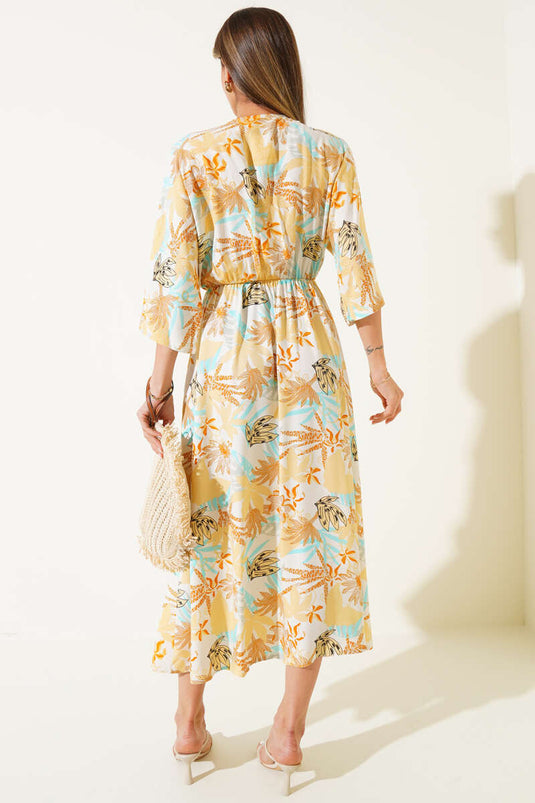 V Yaka Yaprak Desenli Beli Lastikli Elbise Hardal