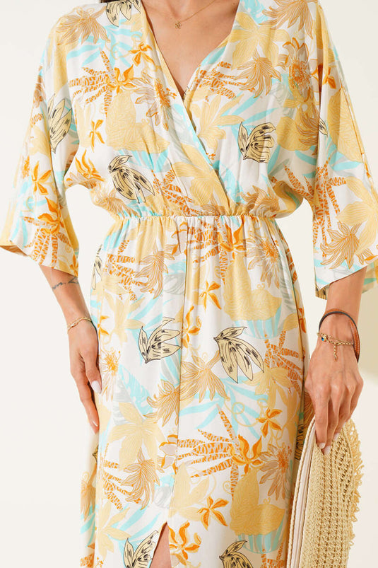 V Yaka Yaprak Desenli Beli Lastikli Elbise Hardal