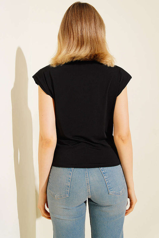 Blouse Sandy sans manches à col dégagé avec épaulettes noire