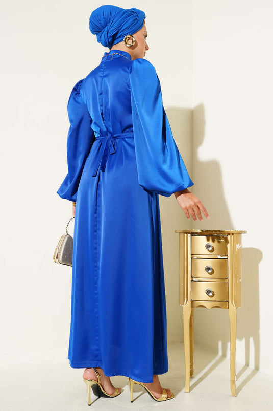 Balloon Sleeve Satin Evening Dress Saxe