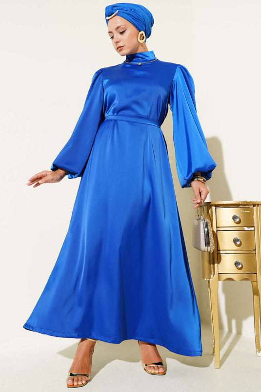 Balloon Sleeve Satin Evening Dress Saxe