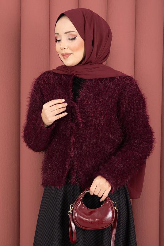 Vera Önden Bağlamalı Peluş Hırka Bordo