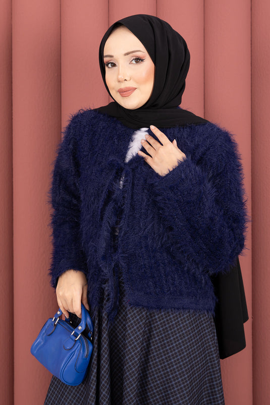 Vera Cardigan mit Bindeband vorne, Plüsch, Marineblau