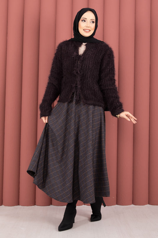 Vera Cardigan mit Bindeband vorne, Plüsch, Pflaume