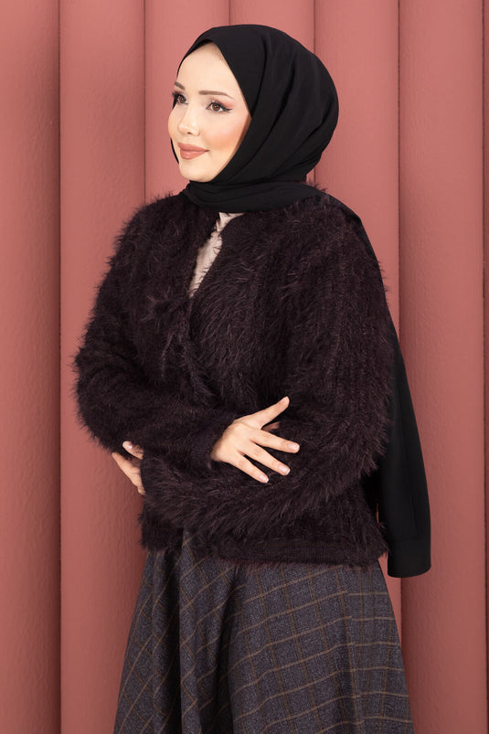 Vera Cardigan mit Bindeband vorne, Plüsch, Pflaume