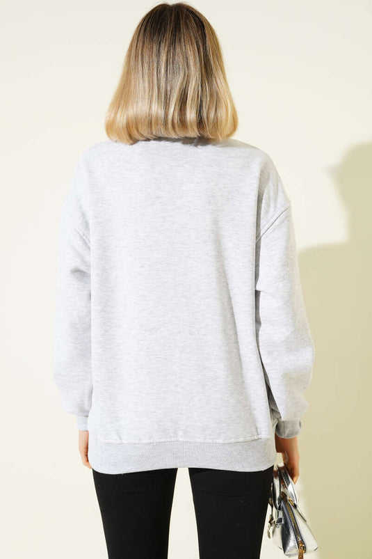 سويت شيرت رمادي قديم الطراز بسحاب وثلاث خيوط مطبوع