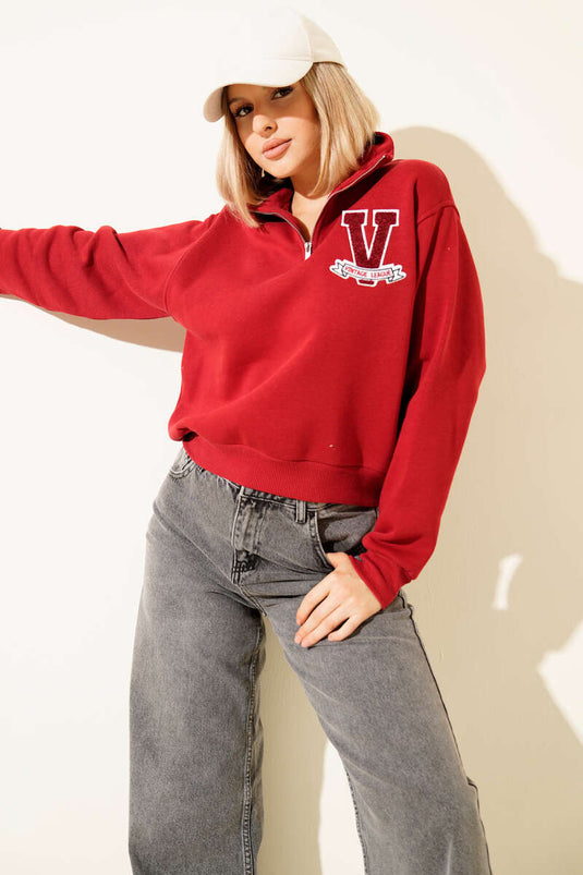 Vintage Baskılı Üç İpli Sweatshirt Kırmızı