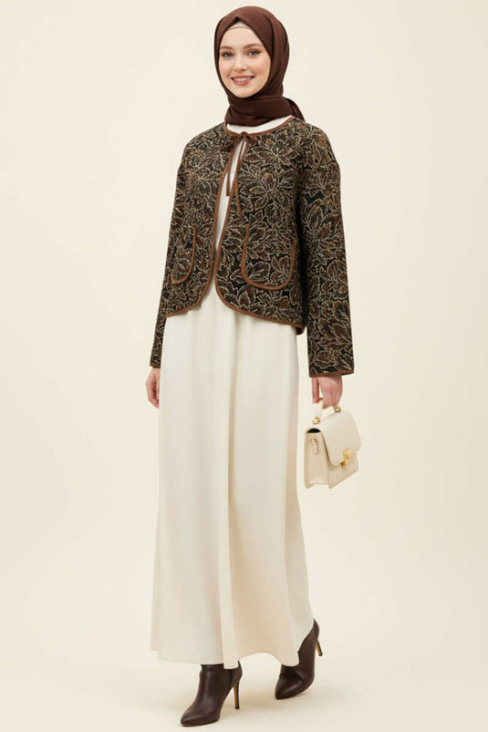 Vintage kort jasje met patroon, koffiekleurig