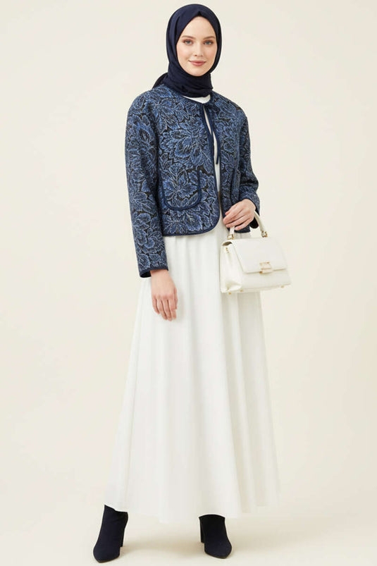 Vintage kort jasje met patroon, marineblauw