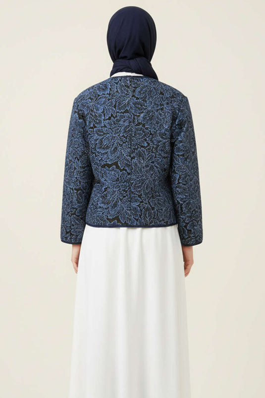 Vintage kort jasje met patroon, marineblauw