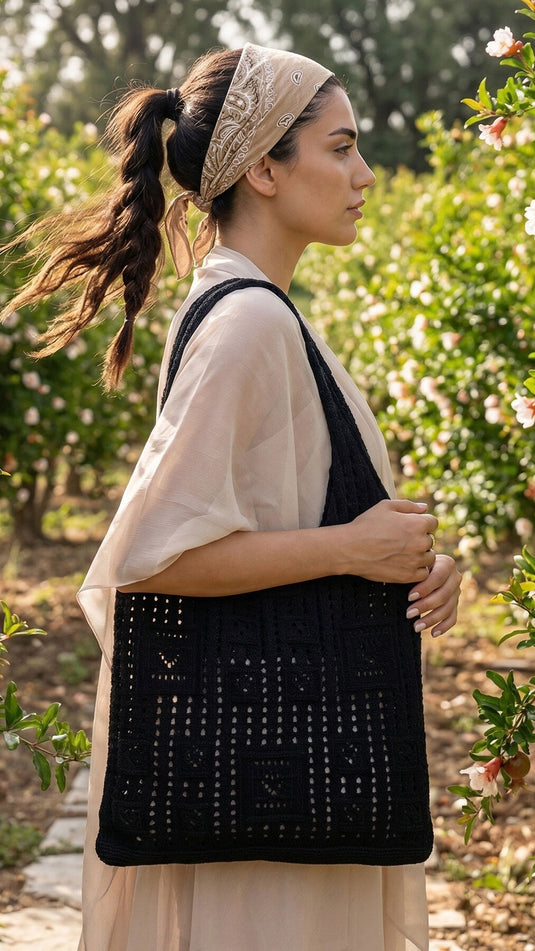 Borsa Estiva Vintage con Motivo a Quadrati Nera