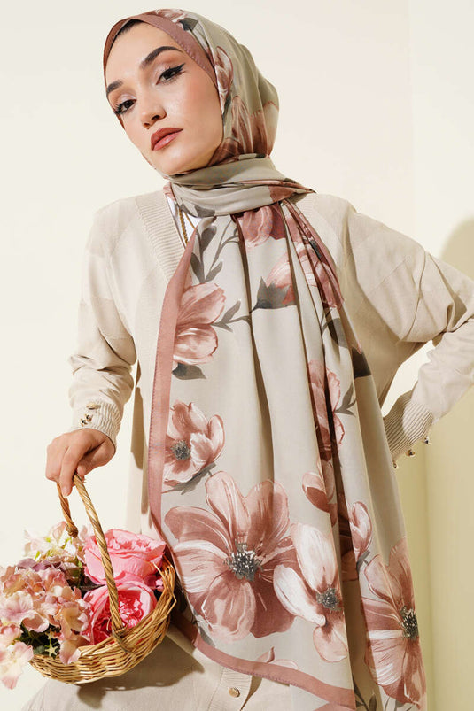 Écharpe vintage à motif rose couleur latte -03