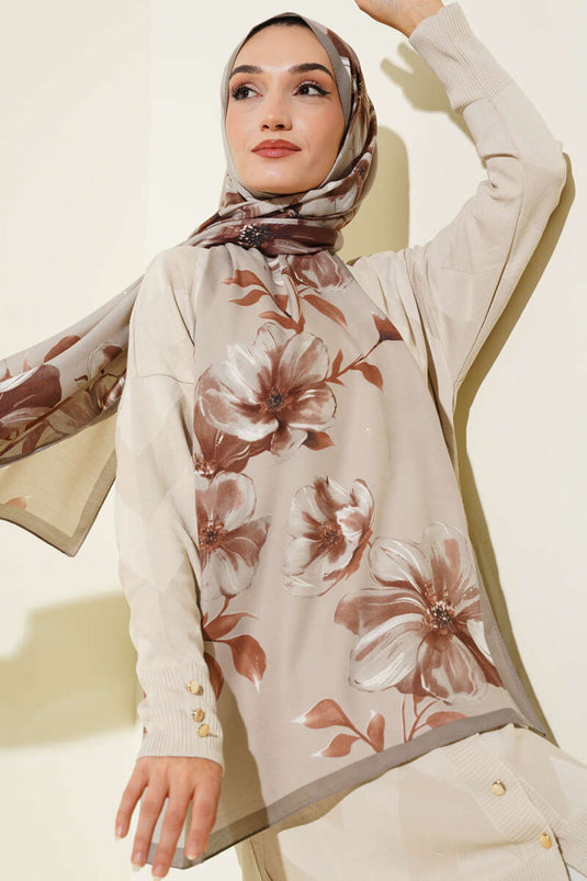 وشاح بنقشة ورد عتيقة، لون بني فاتح - 07