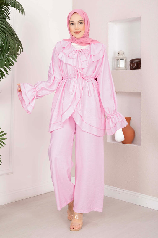 Volan Detaylı Bağcıklı Tunik Pantolon Takım Pembe