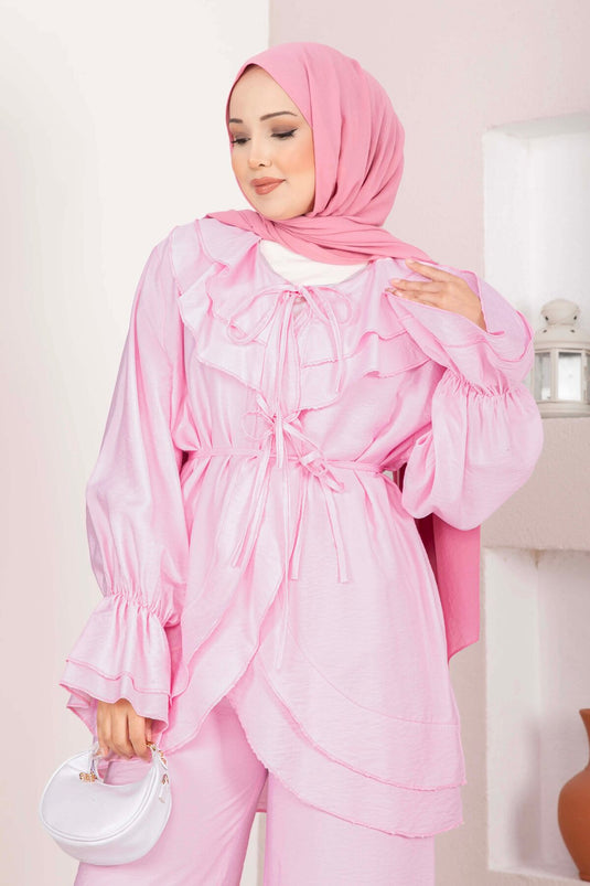 Volan Detaylı Bağcıklı Tunik Pantolon Takım Pembe
