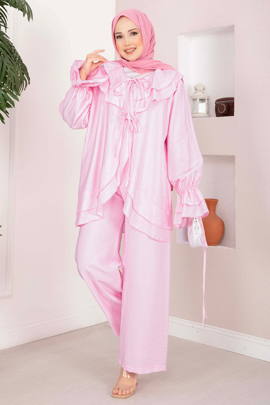 Volan Detaylı Bağcıklı Tunik Pantolon Takım Pembe