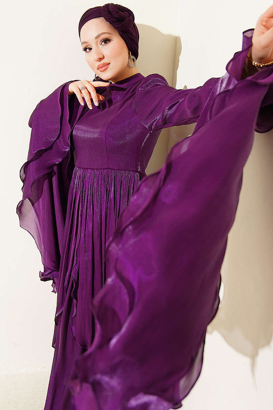 Robe de soirée drapée à volants avec détails volantés, couleur violet