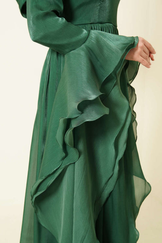 Robe de soirée drapée à volants avec détails volantés Émeraude