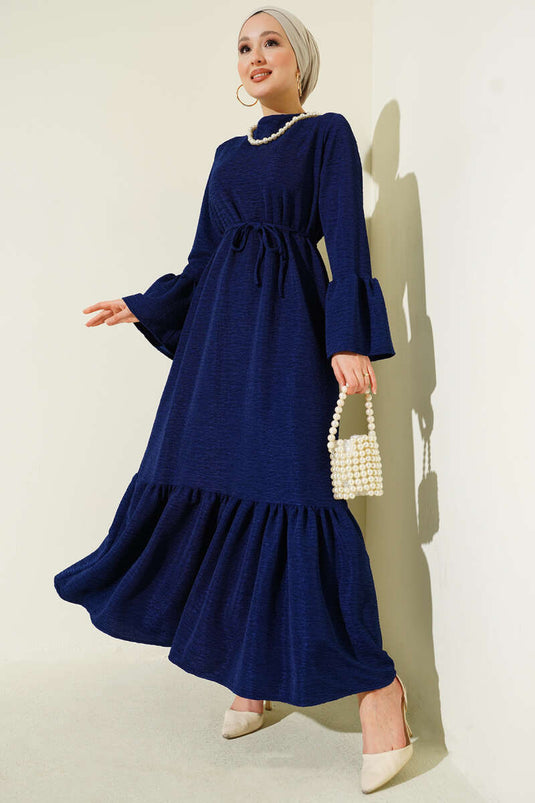 Ruffled Droplet Knit Dress Navy Blue