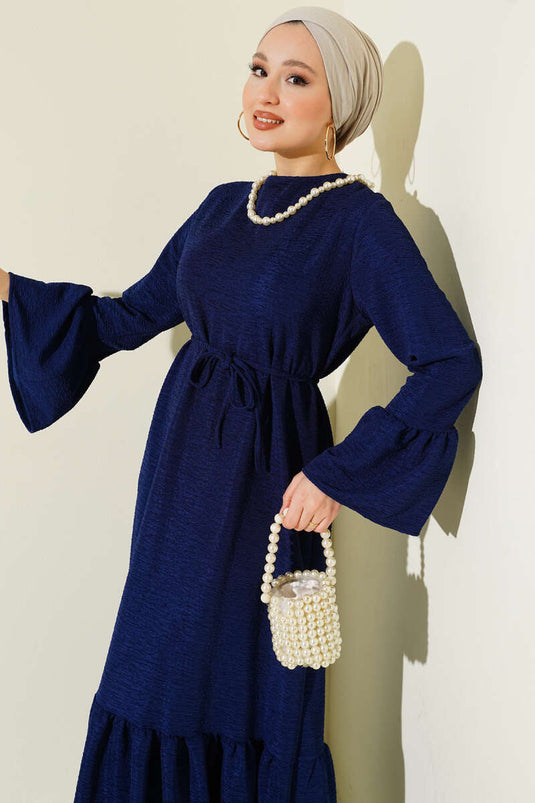 Ruffled Droplet Knit Dress Navy Blue