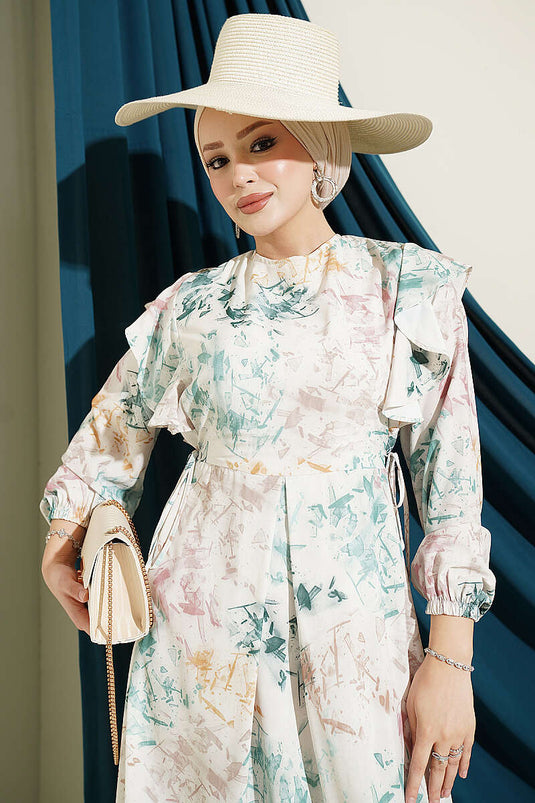 Robe À Volants Et Motifs Avec Nœud Beige
