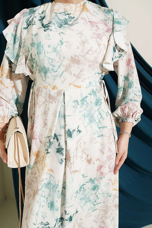 Robe À Volants Et Motifs Avec Nœud Beige