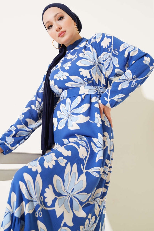 Volanlı Desenli Kuşaklı Elbise İndigo