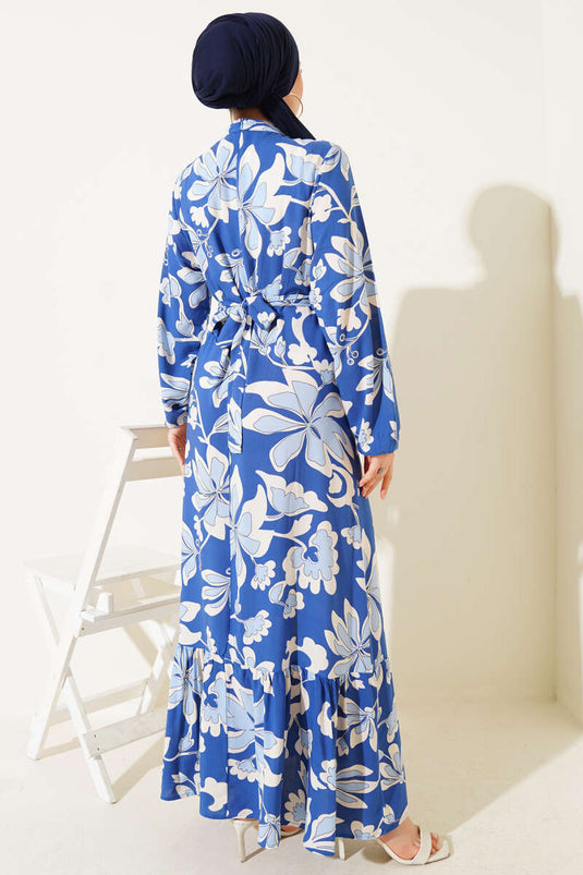 Volanlı Desenli Kuşaklı Elbise İndigo