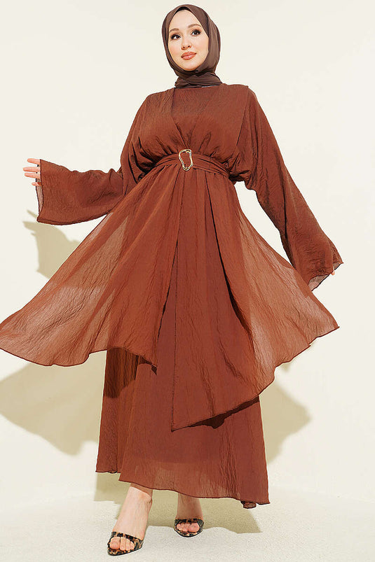Robe ceinturée avec volant détails, couleur café